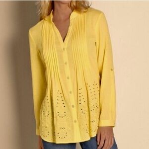 NWT Soft Surroundings Glam Gauze Lemon Drop Embroidered Yellow Pleated Top